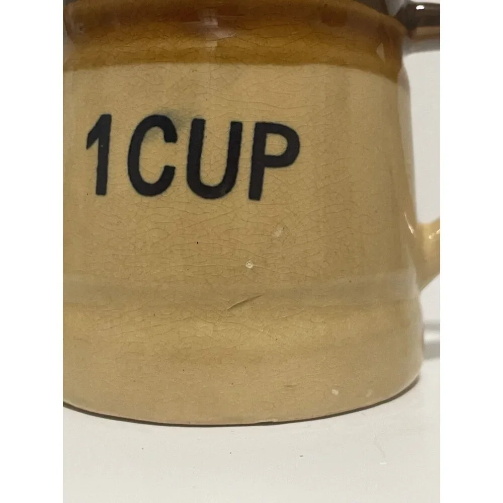 Vintage Crock Measuring Cups Set of 3 Brown Tan Glazed Ceramic